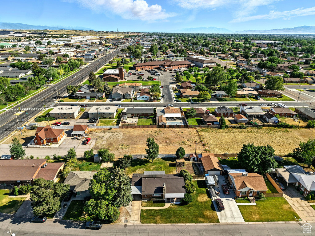 Aerial view of residential area with mountains