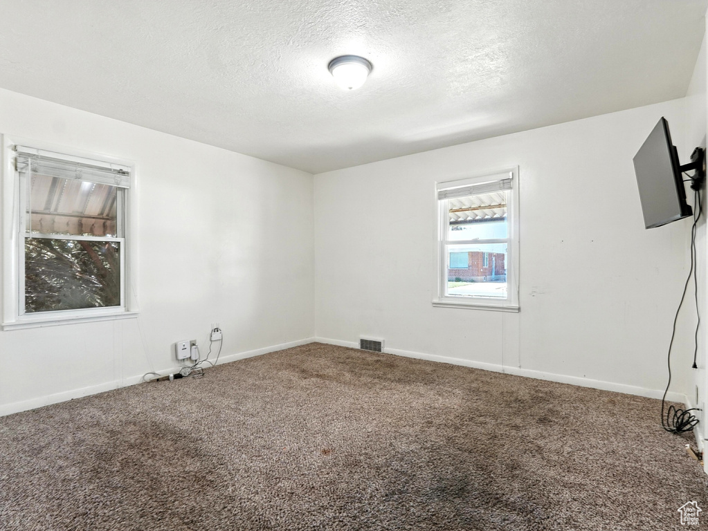 Unfurnished room featuring carpet flooring and a textured ceiling