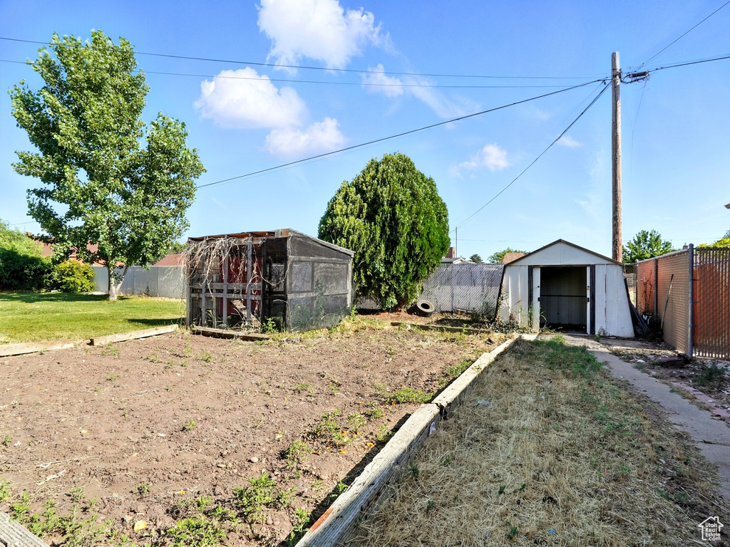 View of yard with a storage shed
