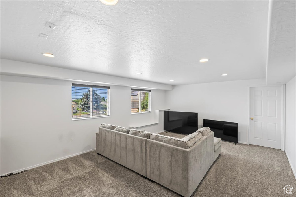 Living room with carpet floors, recessed lighting, and a textured ceiling