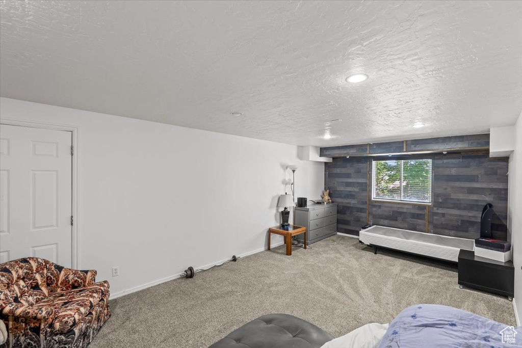 Carpeted living area featuring a textured ceiling and recessed lighting
