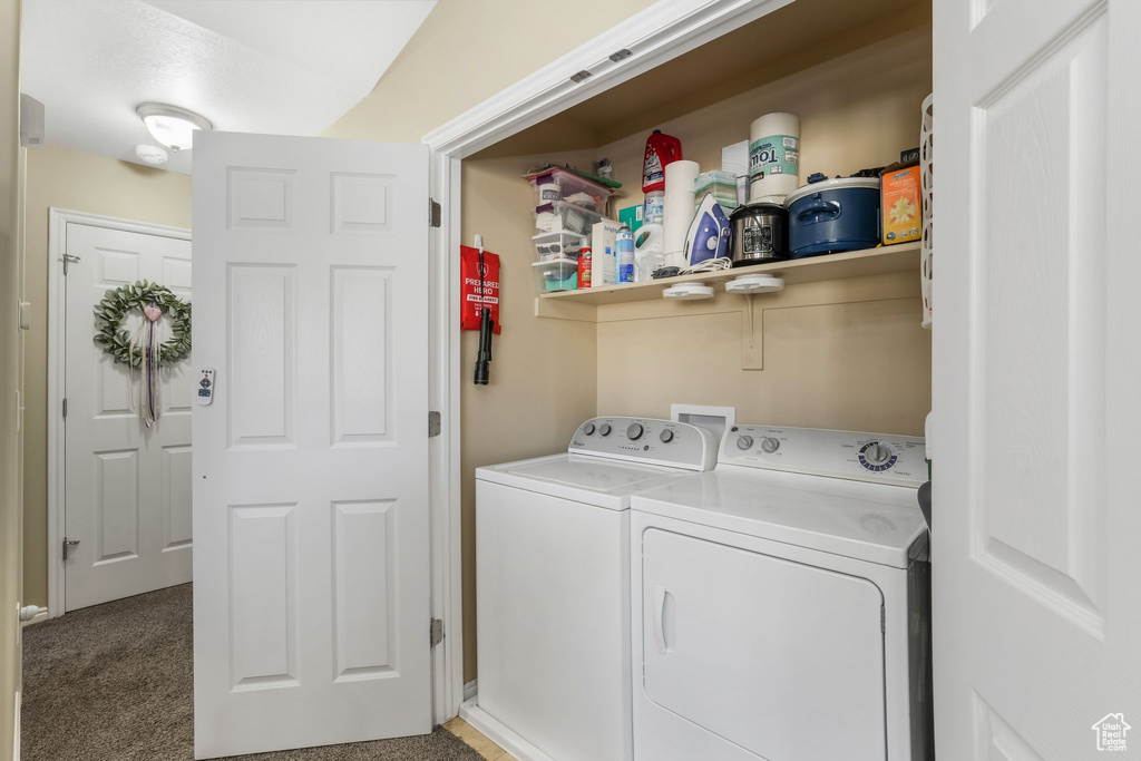 Laundry area with washer and dryer and carpet floors