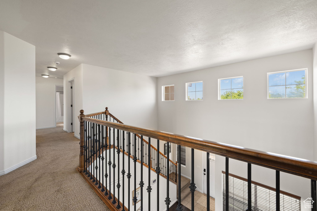 Corridor with an upstairs landing and carpet floors