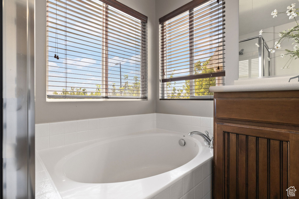 Full bathroom featuring a garden tub, vanity, and a stall shower