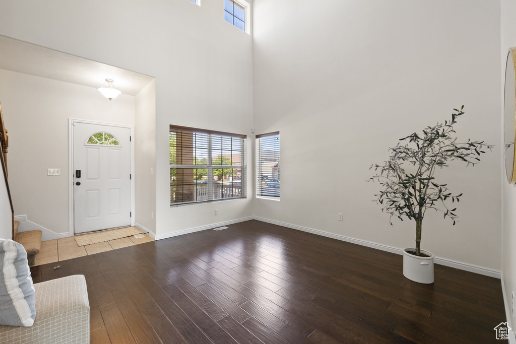 Foyer with hardwood / wood-style floors and a high ceiling