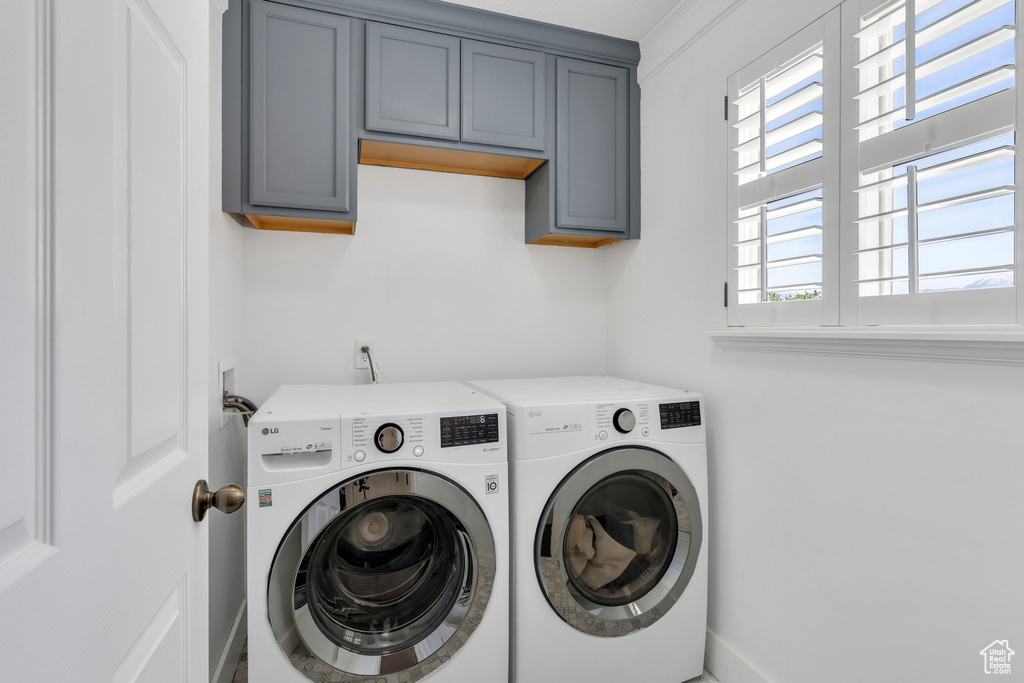 Laundry room featuring cabinet space and independent washer and dryer