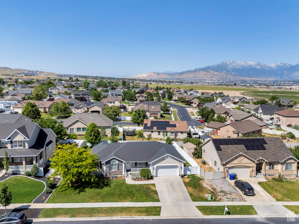 Aerial perspective of suburban area with mountains