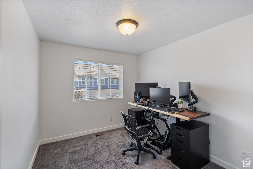 Home office featuring carpet floors and a textured ceiling