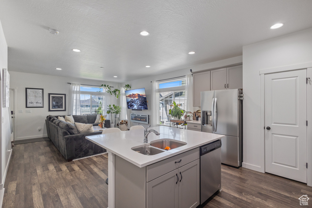Kitchen with appliances with stainless steel finishes, gray cabinetry, light countertops, dark wood-type flooring, and recessed lighting