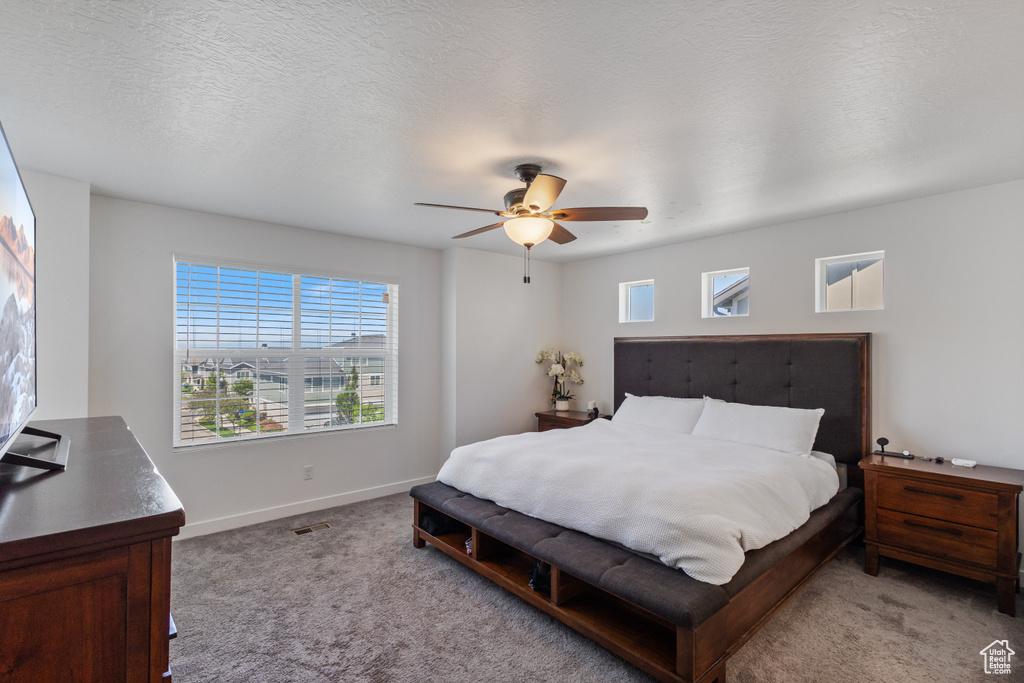 Bedroom featuring light colored carpet, multiple windows, and a ceiling fan