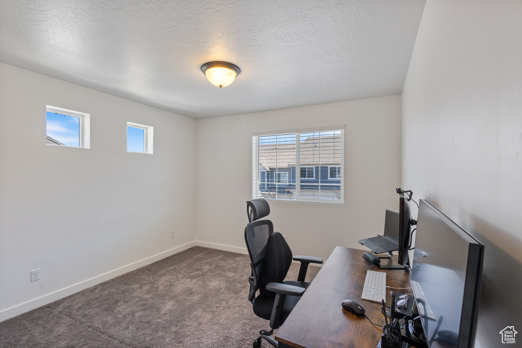 Office with carpet flooring and a textured ceiling