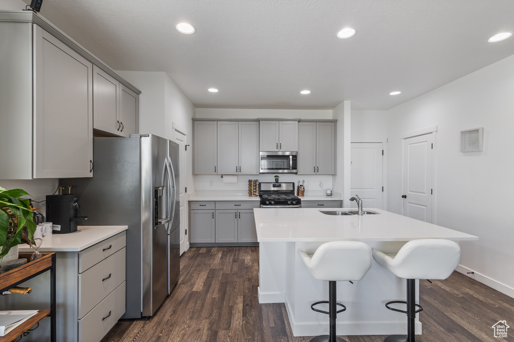 Kitchen featuring stainless steel appliances, gray cabinets, dark wood-style flooring, and recessed lighting