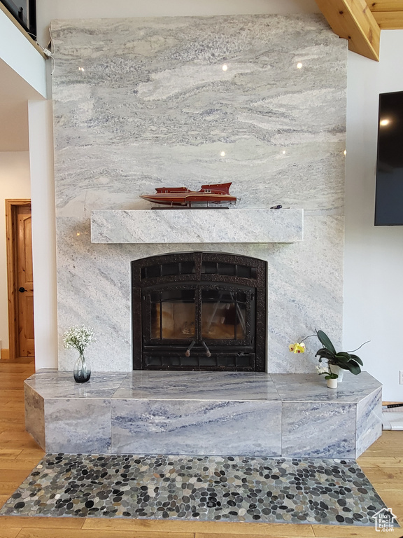 Detailed view of a glass covered fireplace and wood finished floors