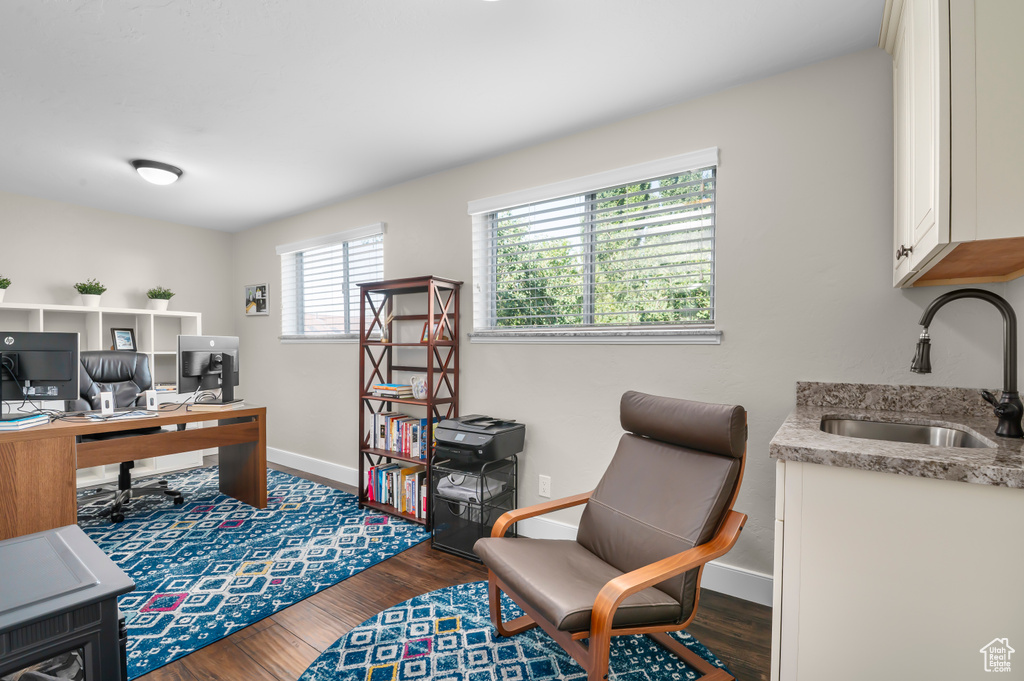 Home office with a sink and dark wood finished floors