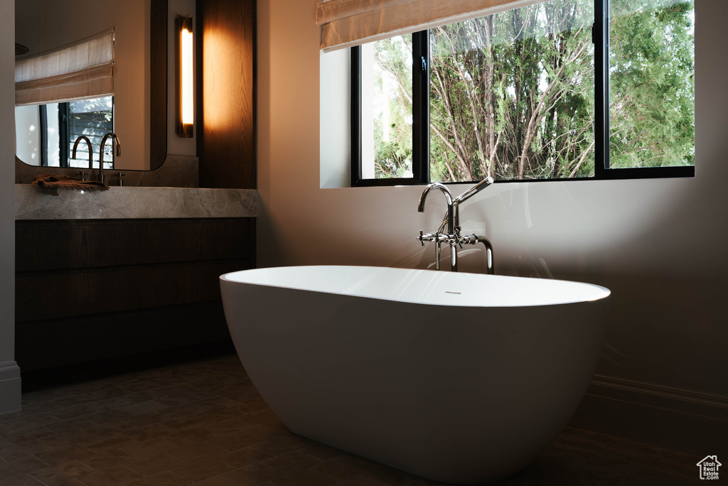 Full bath with healthy amount of natural light, vanity, and a freestanding tub