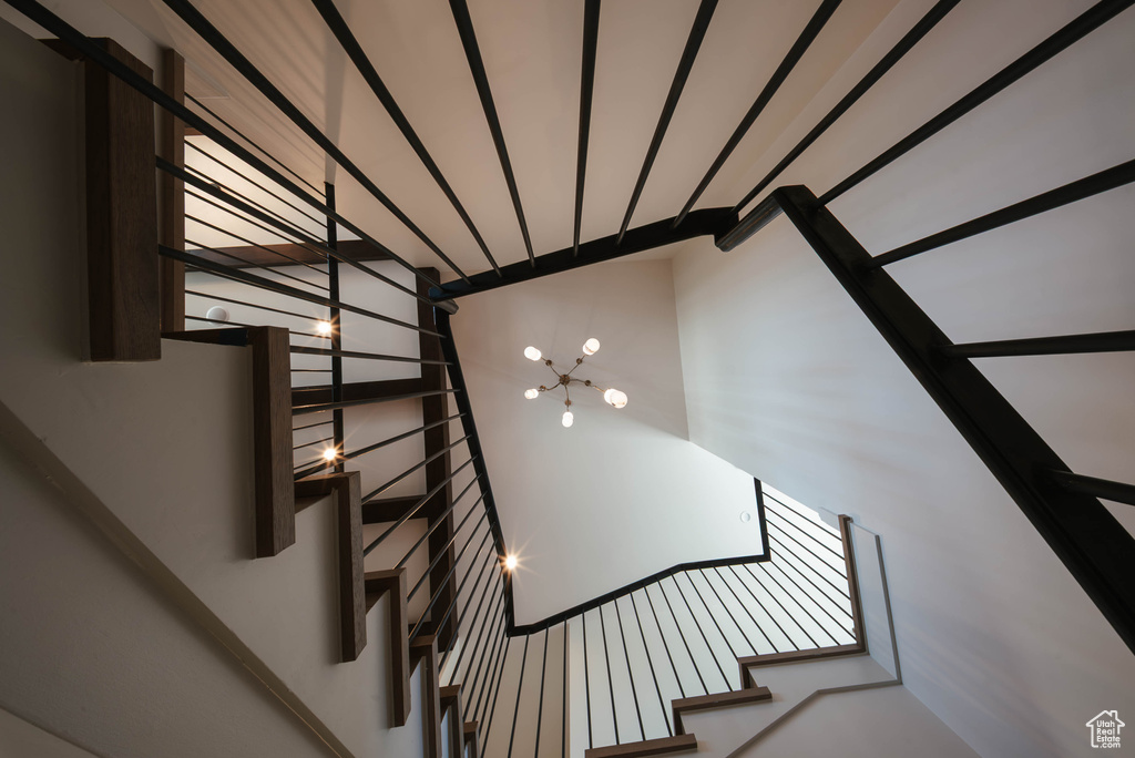 Staircase with a chandelier