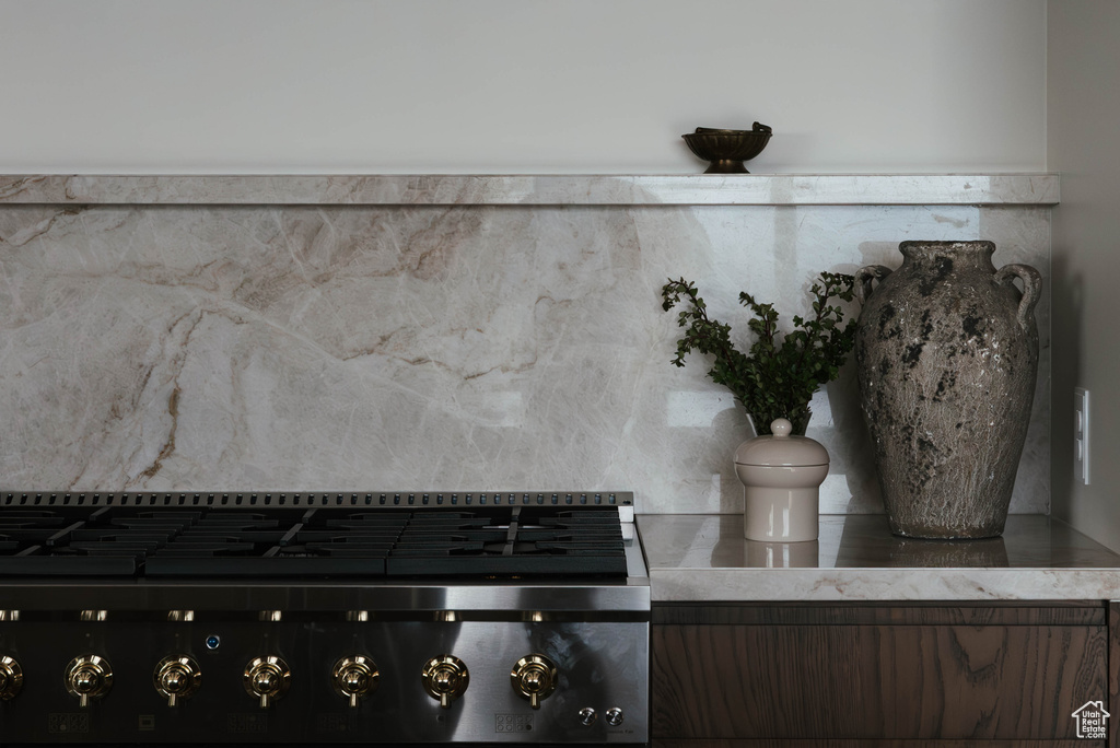 Kitchen view of stove and backsplash