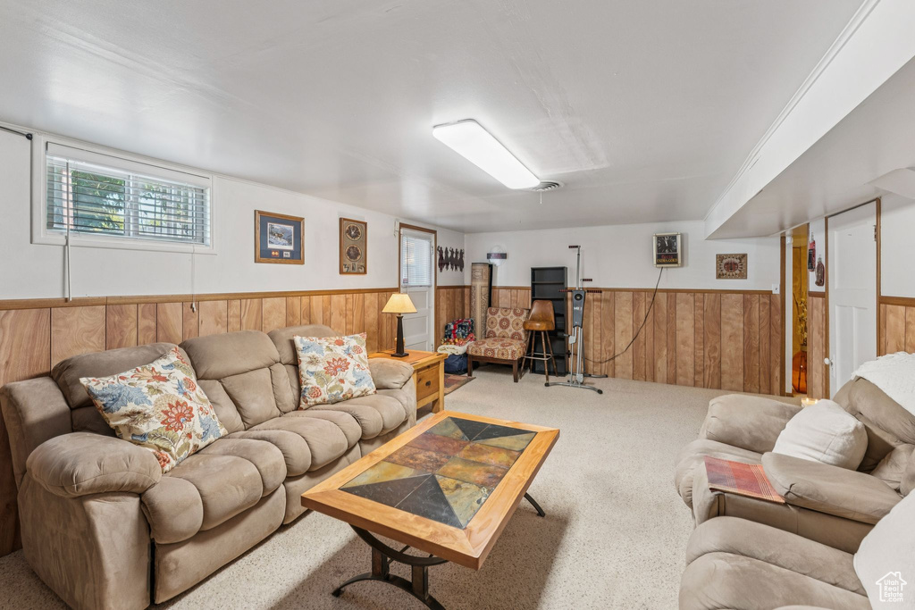 Carpeted living room with a wainscoted wall and wood walls