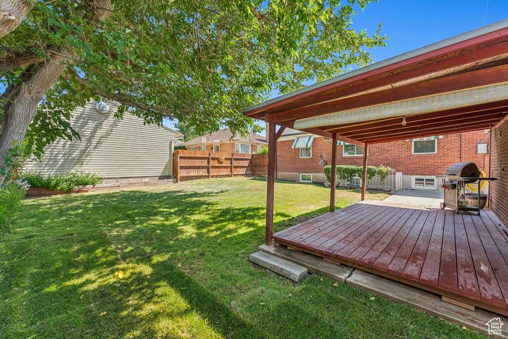 Fenced backyard with a deck
