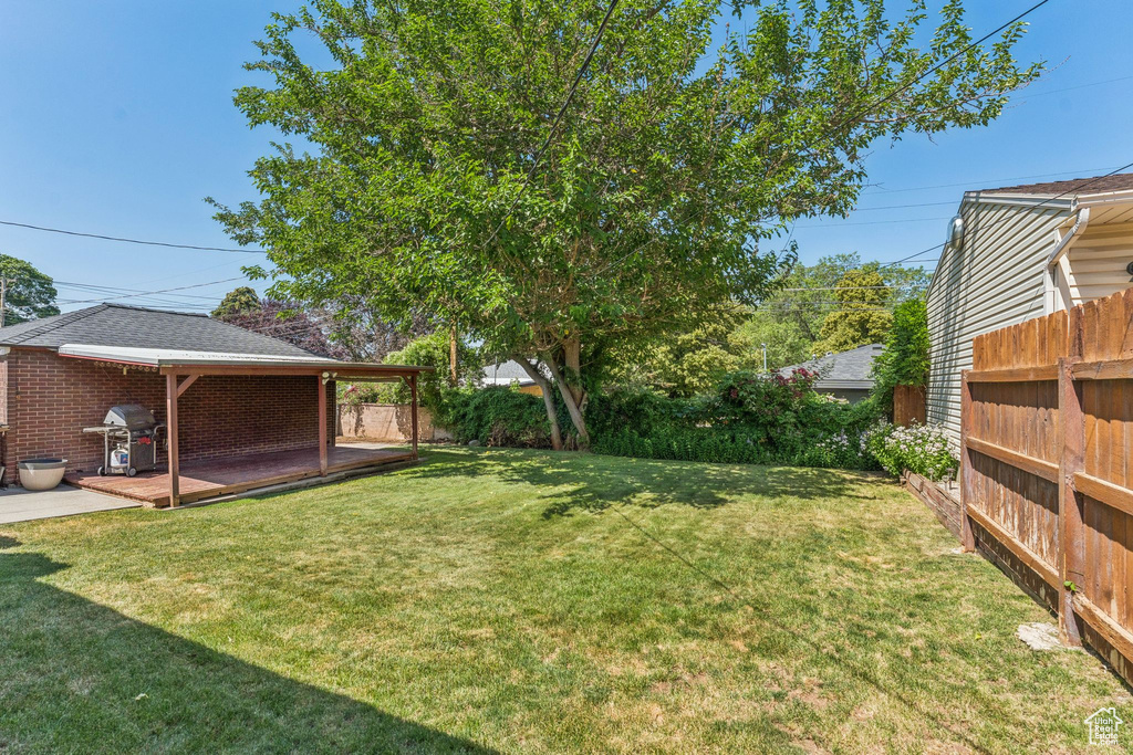 Fenced backyard featuring a patio