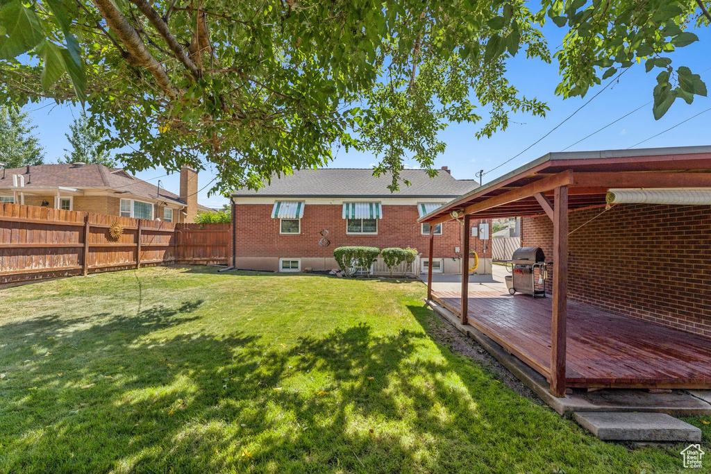 Fenced backyard with a deck