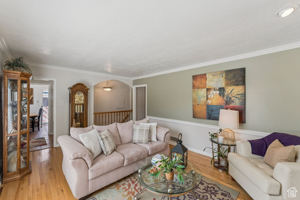 Living area with hardwood / wood-style floors, ornamental molding, and arched walkways