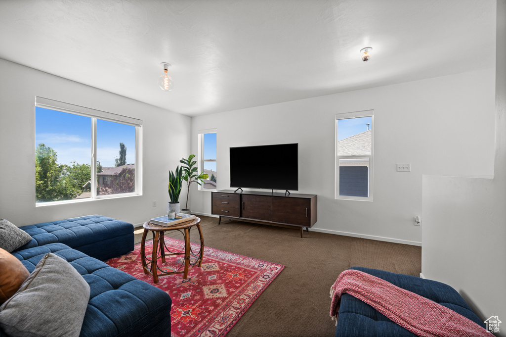 Carpeted living area featuring baseboards