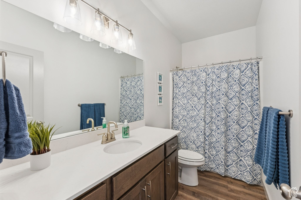 Full bath with vanity, wood finished floors, and a shower with curtain