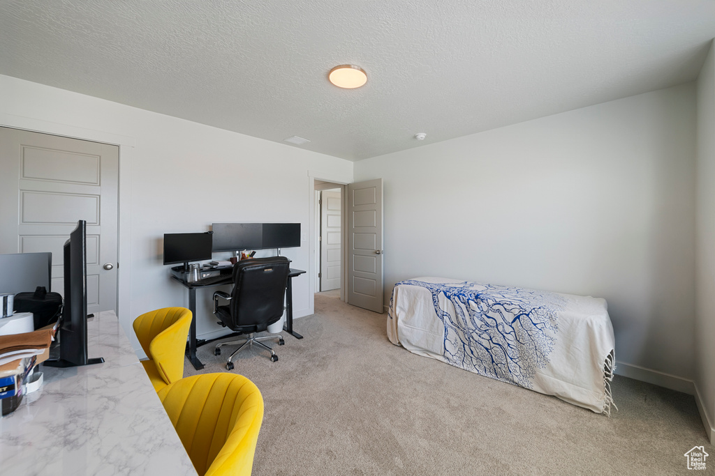 Bedroom with a desk, carpet flooring, and a textured ceiling