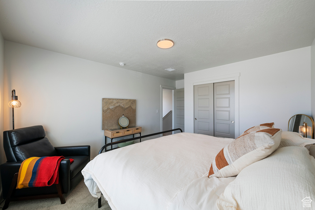 Bedroom featuring a closet and light carpet