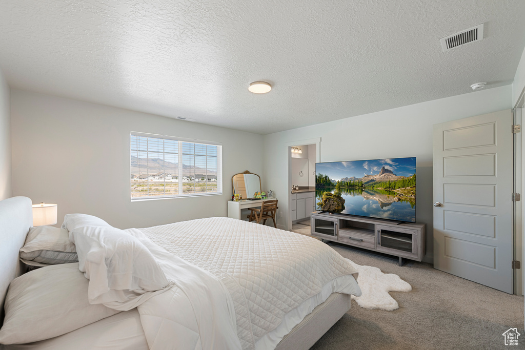Bedroom featuring light carpet and a textured ceiling