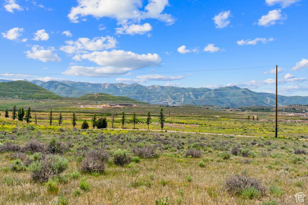 Mountain view with rural landscape and agricultural land