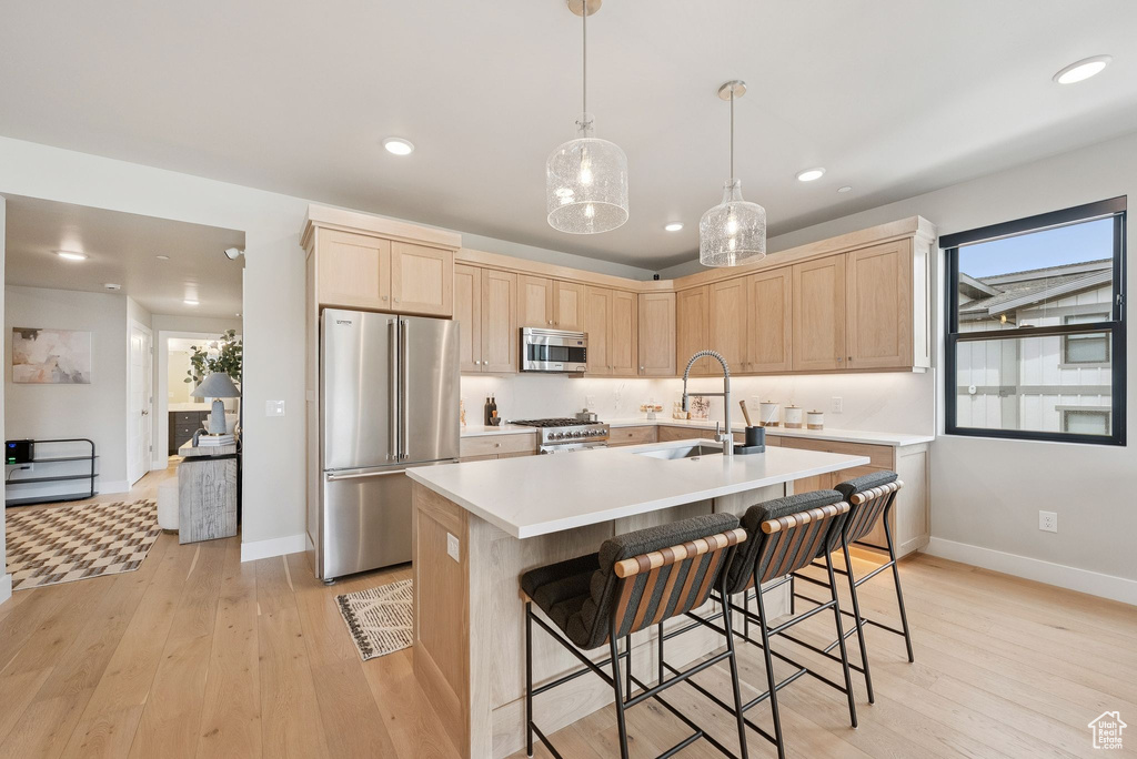 Kitchen with stainless steel appliances, light brown cabinetry, light wood-type flooring, light countertops, and recessed lighting