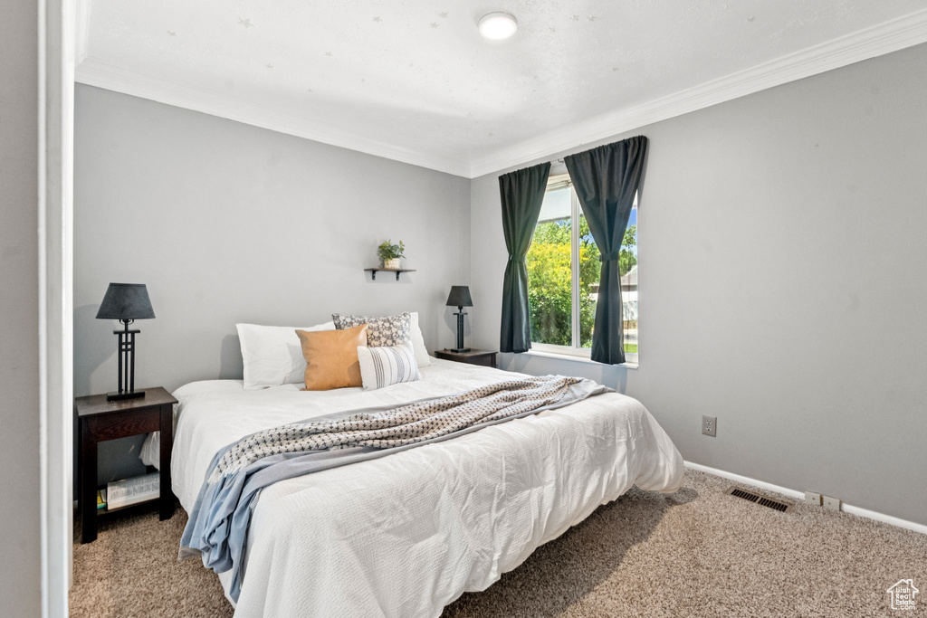 Bedroom featuring carpet flooring and crown molding