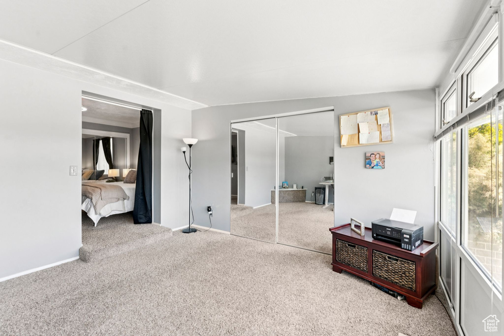Bedroom featuring carpet flooring and a closet