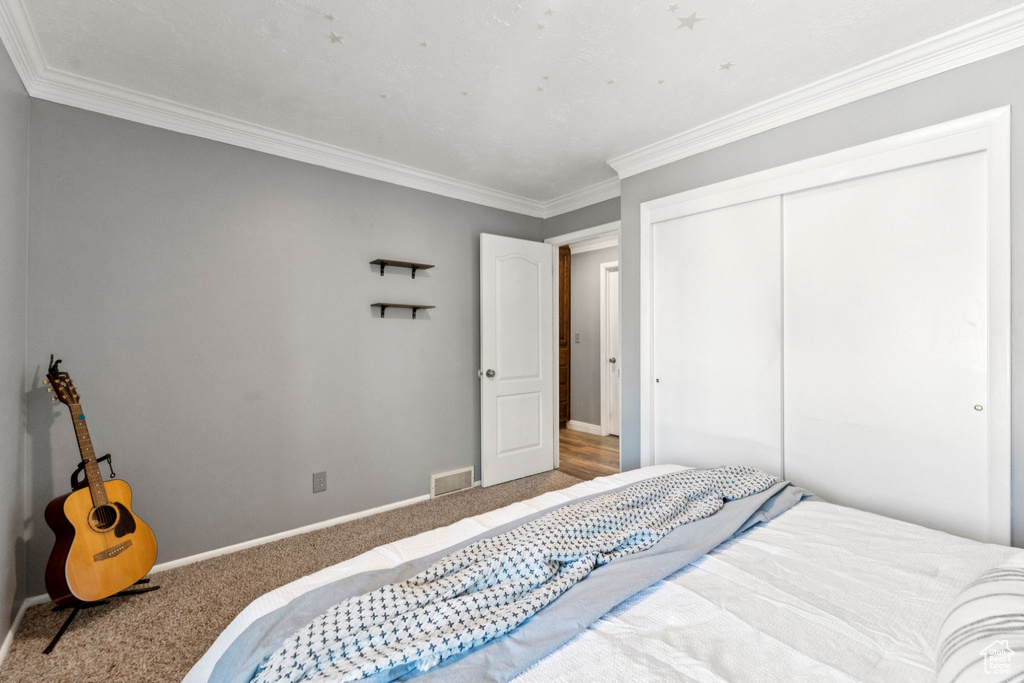 Carpeted bedroom featuring a closet and crown molding
