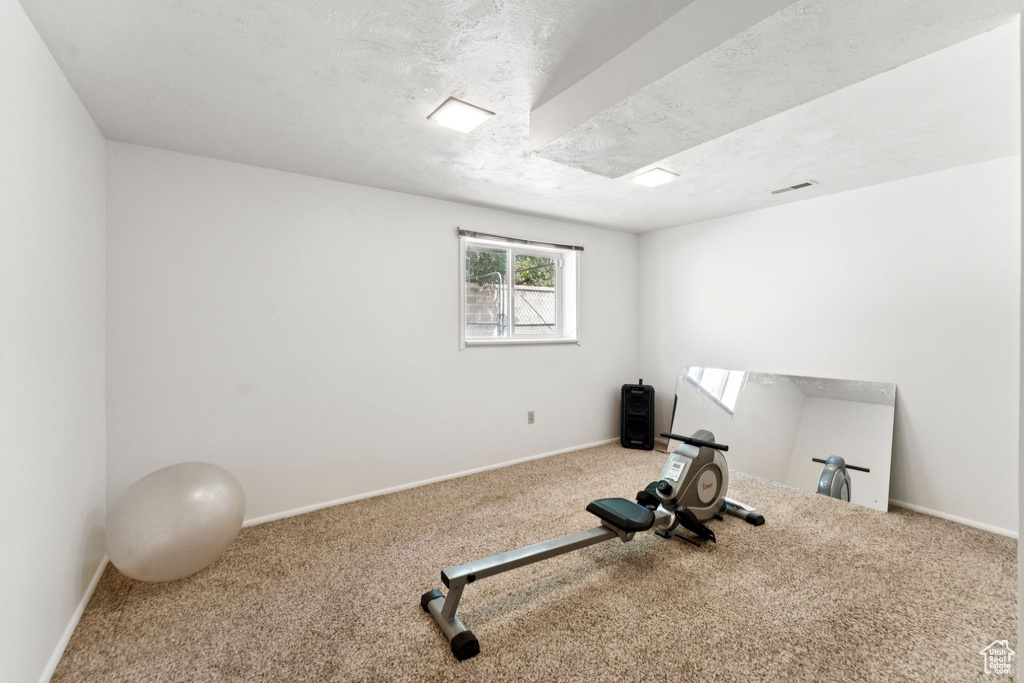 Workout room featuring carpet floors and a textured ceiling