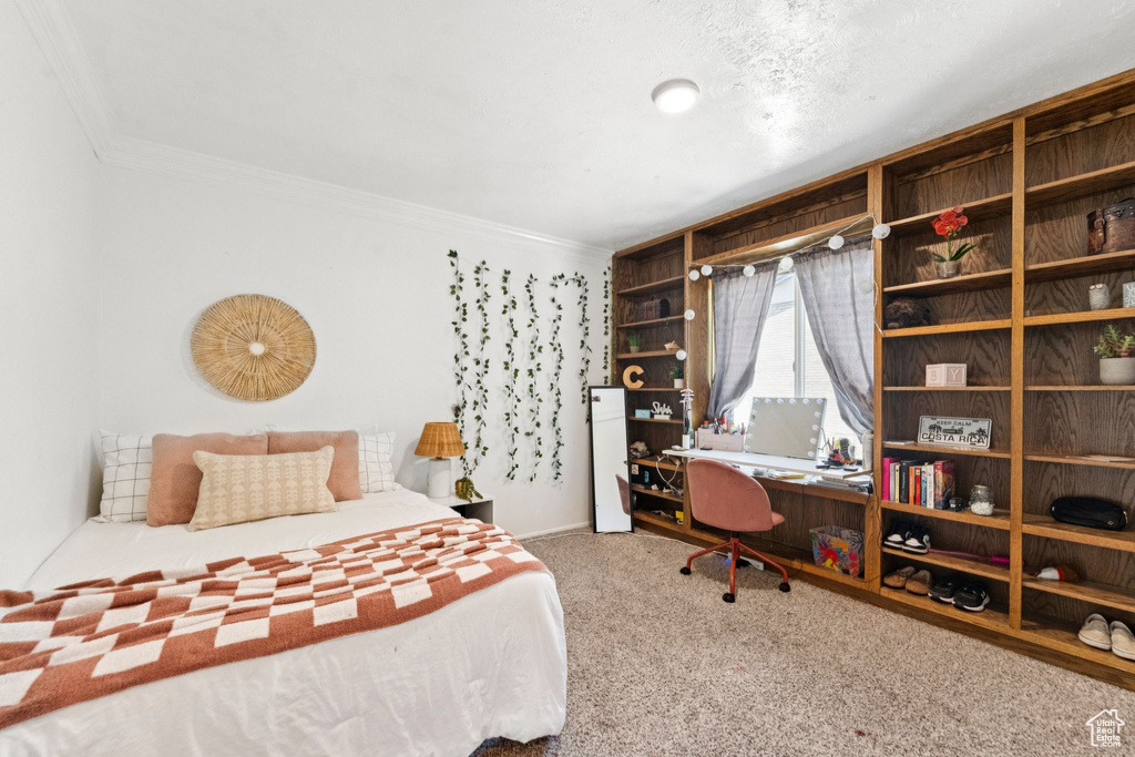 Bedroom with carpet floors, crown molding, and a desk