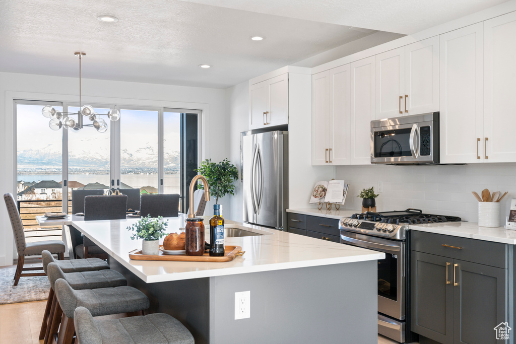 Kitchen featuring stainless steel appliances, an island with sink, recessed lighting, gray cabinetry, and a breakfast bar area