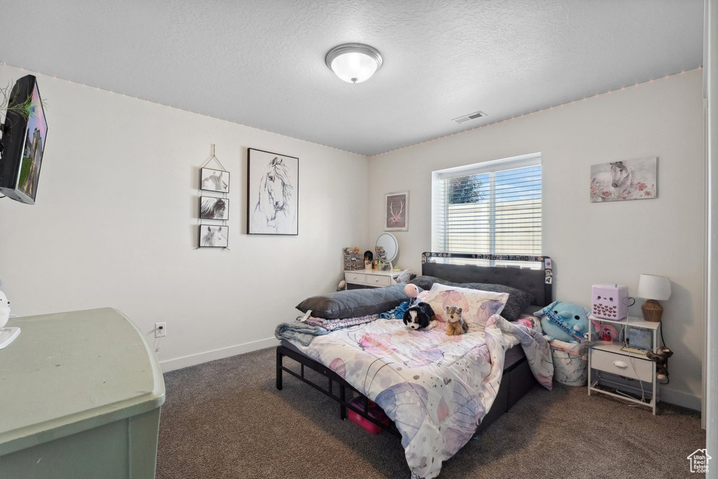 Bedroom featuring carpet flooring and a textured ceiling
