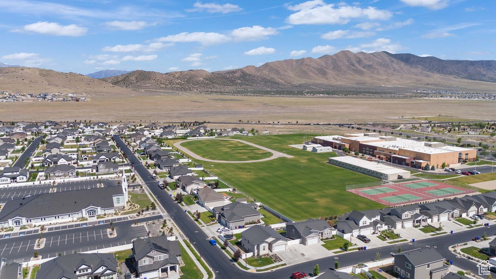 Aerial perspective of suburban area with mountains