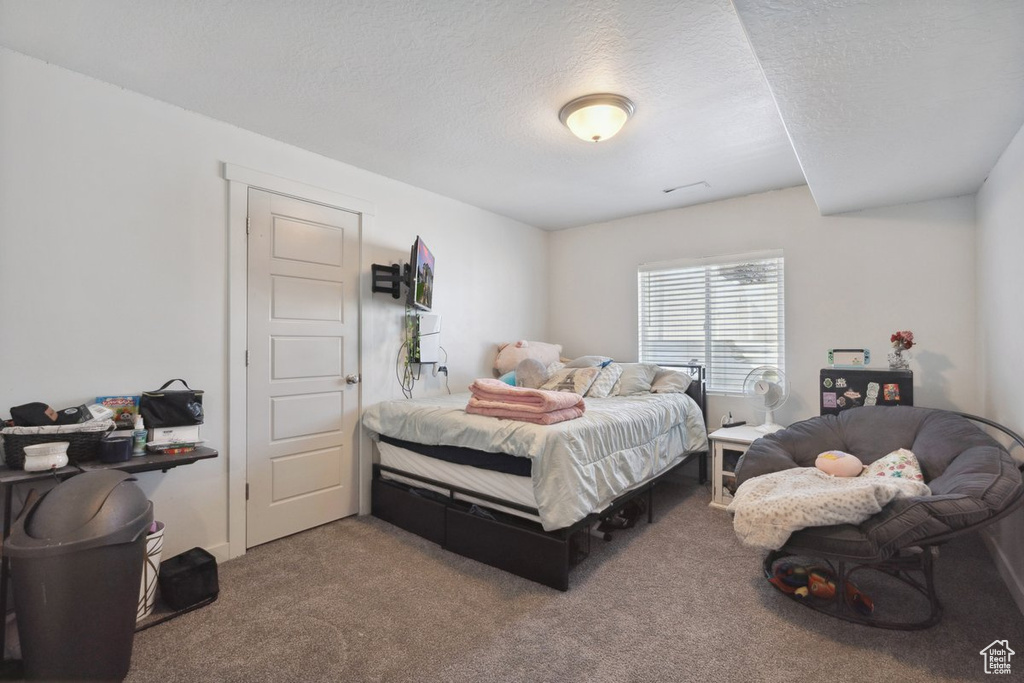Bedroom featuring carpet floors and a textured ceiling