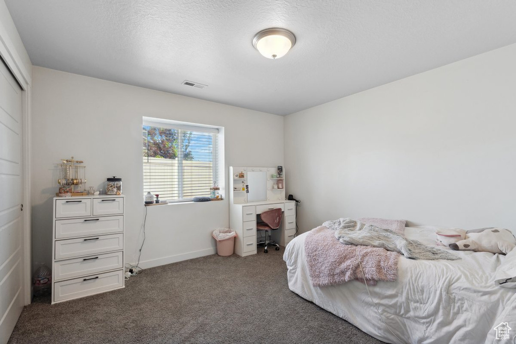 Bedroom with carpet floors and an office area
