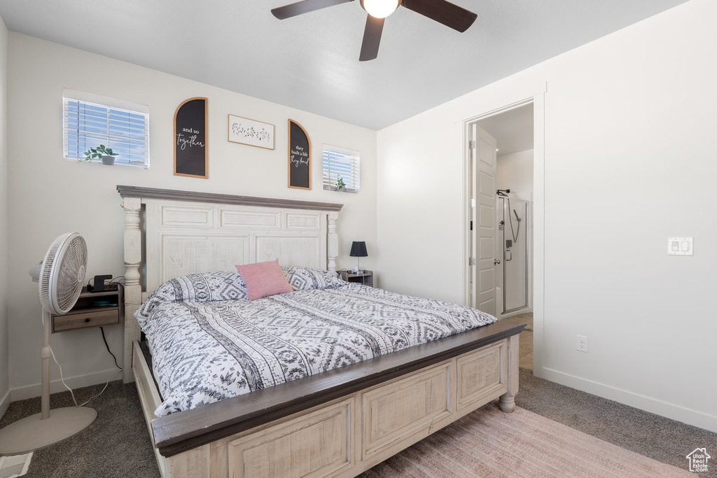 Bedroom with light carpet and ceiling fan