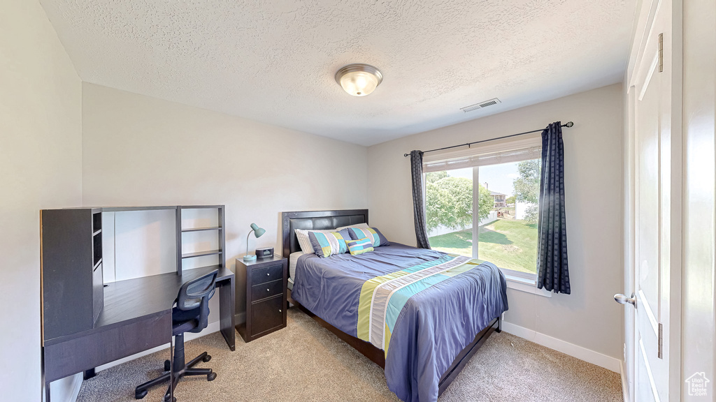 Bedroom with light carpet and a textured ceiling