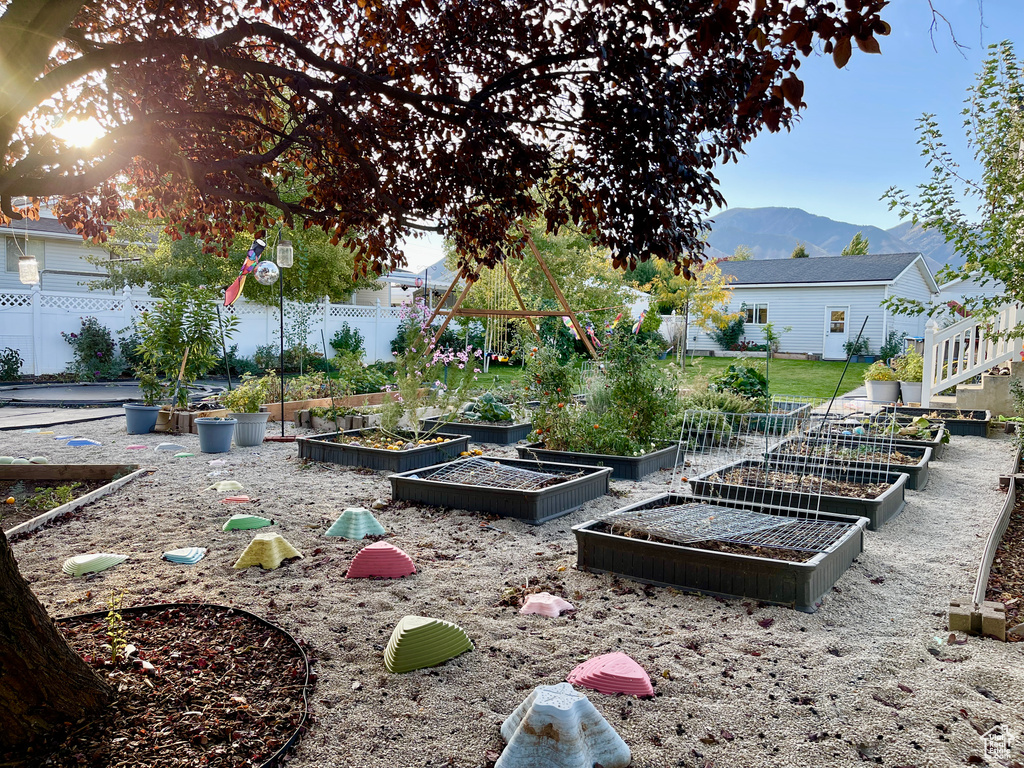 View of home's community featuring a garden and a mountain view
