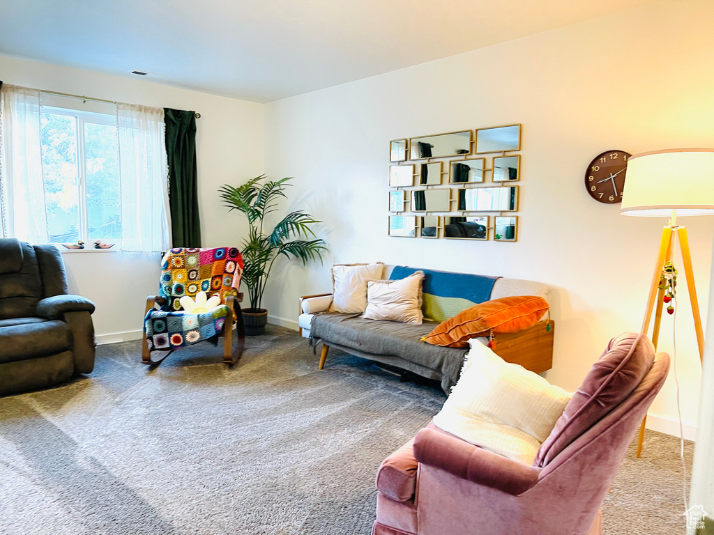 Living area featuring carpet floors and baseboards