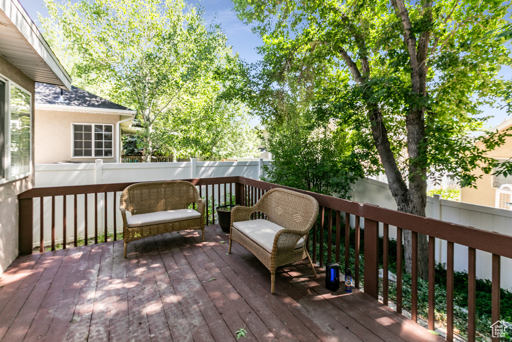 Wooden deck with a fenced backyard