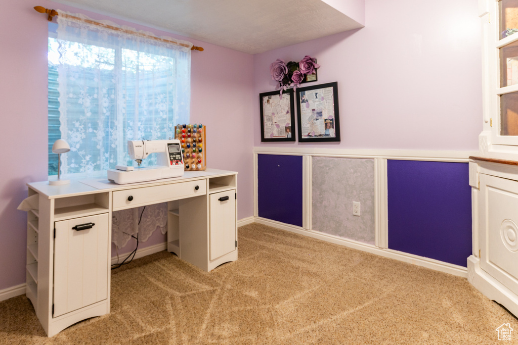 Home office with light carpet