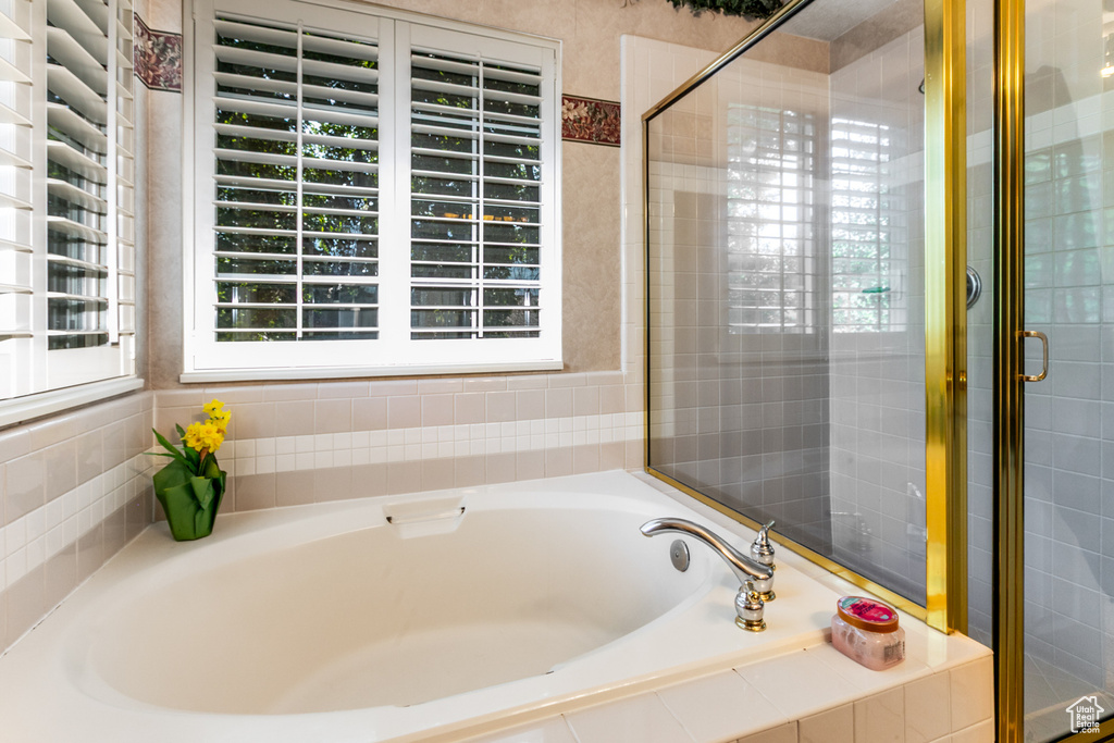 Full bathroom with a bath and a stall shower